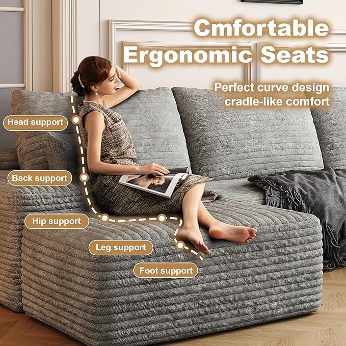 AUGOP 108" Sectional Couches for Living Room Modern Modular Sofa with L-Shape Couchs Upholstered Boneless Couch Deep Seat Sectional Couch with Chaise (Grey, Right Facing Chaise+2Seaters+1Ottoman)