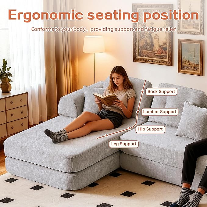 SUYOLS L Shaped 104" Modular Sectional Sofa Bed with Pillows, 8-in-1 Convertible Couch,Sturdy Stainless Steel Frame,Removable Washable Cover,High Resilience Sponge,for Living Room,Apartment,Light Gray