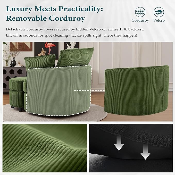 Chorlenimi Swivel Accent Chair Round Barrel Armchair Upholstered Living Room Chair Corduroy Reading Chair Single Sofa Chair for Bedroom Apartment Office (Green, Upgrade 1Seater+ Ottoman)