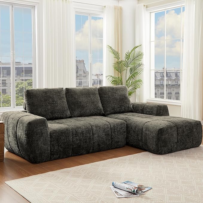 KEIKI Sectional Chenille Floor Sofa, Convertible L-Shaped Boneless Cloud Sleeper Couch with Chaise Lounge, Space Saving Modular Couches Bed for Living Room Bedroom, No Assembly Required, Ripe Olive