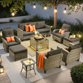 ovios 9 Pieces Patio Furniture Set, Outdoor Wicker Sofa Couch with Rocking Swivel Chairs Solar Lights Table, Modern Deep Seat Rattan Conversation Sets for Deck Porch, Black