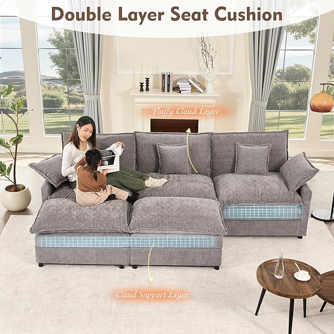 GOSUHI 108" U Shaped Couch, Modular Sectional Sofa, 3-Seater Comfy Cloud Couch with Movable Ottoman, Deep Seat Couches for Living Room, Chenille, Slate