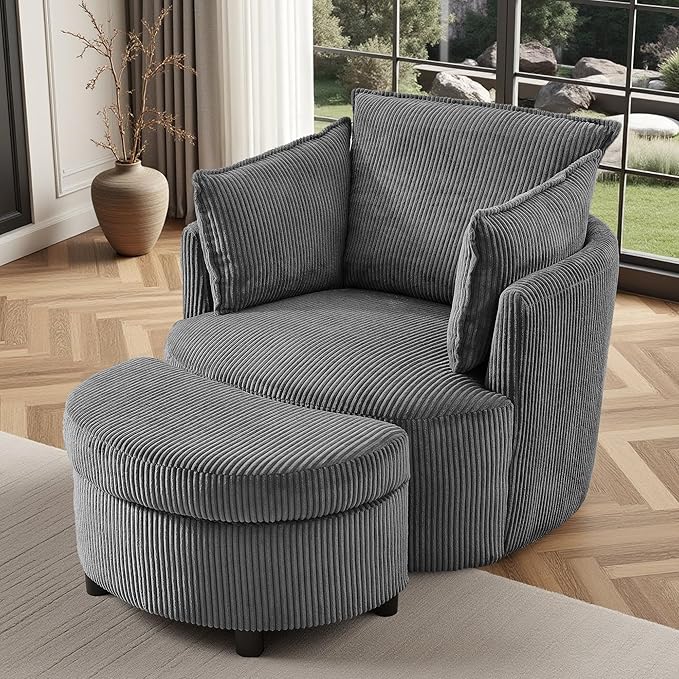 Chorlenimi Swivel Accent Chair Round Barrel Armchair Upholstered Living Room Chair Corduroy Reading Chair Single Sofa Chair for Bedroom Apartment Office (Grey, Standard 1Seater+ Ottoman)