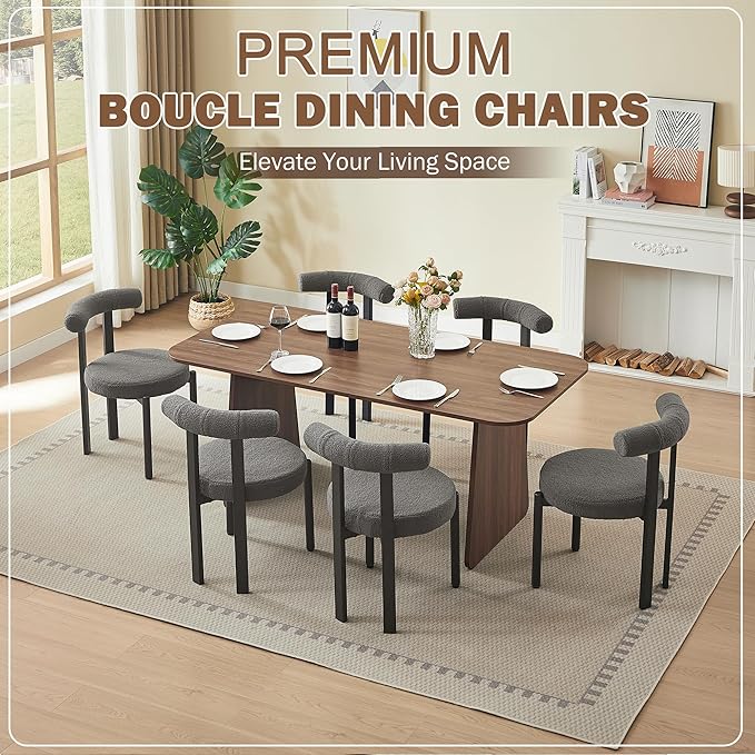 Kiztir Boucle Dining Chairs Set of 6, Modern Dining Room Chairs with Curved Backrest and Black Metal Legs, Upholstered Round Dining Accent Chairs for Kitchen, Living Room, Bedroom (Gray)