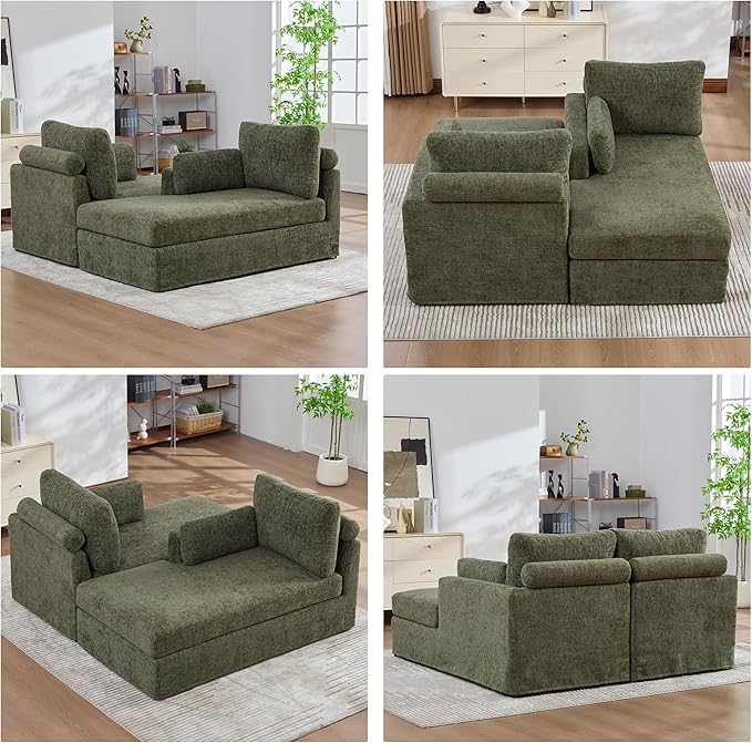 Arouseden Green Chaise Lounge Chair,63" Comfy Loveseat Sofa with Cylindrical Headrest for Neck Support,Chenille Chaise Lounge Indoor,Recliner Chair Oversized with Armrests and Throw Pillows