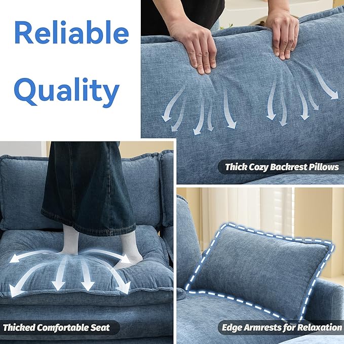 111'' Sectional Cloud Deep Seat Couch, Modern Comfy Chenille L Shaped Sectional Sofa for Living Room Set, Upholstered Modular 4-Seats Sofa Couch with Movable Ottoman, Blue