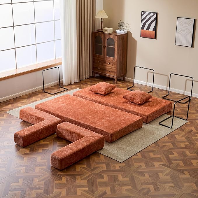 77" Convertible Foldable Floor Couch, 3-Seat Futon Sleeper Sofa for Living Room, Bedroom, or Apartment, with Pillow Backrest and Armrests, Chenille Fabric, No Assembly Required, Orange