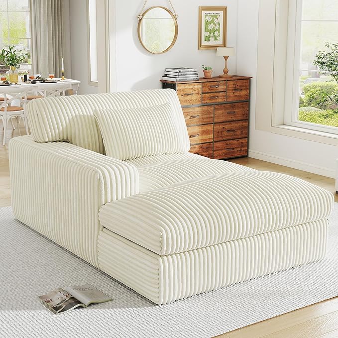 Oversized Chaise Lounge Sofa Chair Indoor，Soft Corduroy Fabric, Boneless sofawith Cushion，A Comfortable, deep-Seated Cloud Sofa for use in The Living Room.(Singler-Left-arm-White)