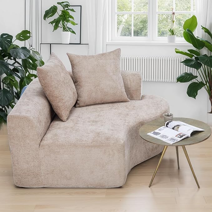 L Shaped Single Sofa, Modern Comfy Chenille Fabric Loveseat Couch, No Assembly Required Small Couch with Deep Seat, 2 Pillows for Living Room, Apartment, Bedroom