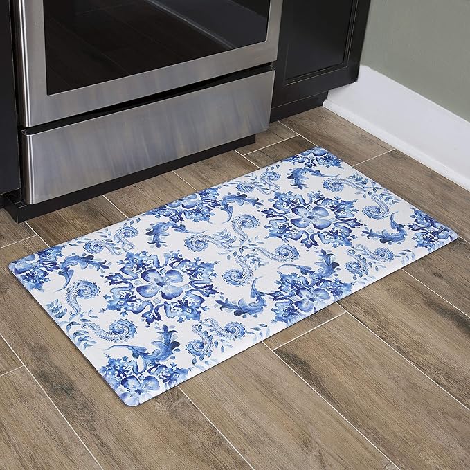 J&V TEXTILES Anti Fatigue Kitchen Mat for Floor, Embossed Themed Cushioned Kitchen Runner Rug Mat, Non Slip, Easy Wipe Clean, 1/2 Inch Thick (20x39 inches, Poppy Sketch Tile)