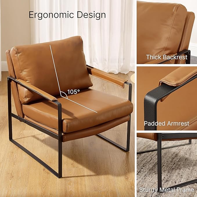 Zouron Genuine Leather Accent Chairs for Living Room, Set of 2, Mid Century Modern Chair with Black Metal Frame, Single Sofa Chair, Upholstered Lounge Reading Armchair, Brown
