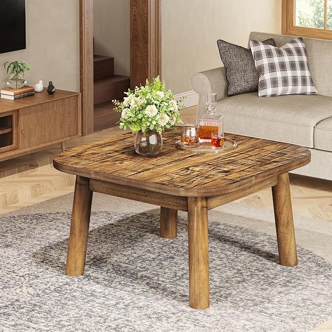 TRIBEWOOD Solid Wood Square Coffee Table, 31.5-Inch Farmhouse Center Table with Rounded Corners, for Living Room, Office, Apartment, Small Places, Easy Assembly, Rustic Brown