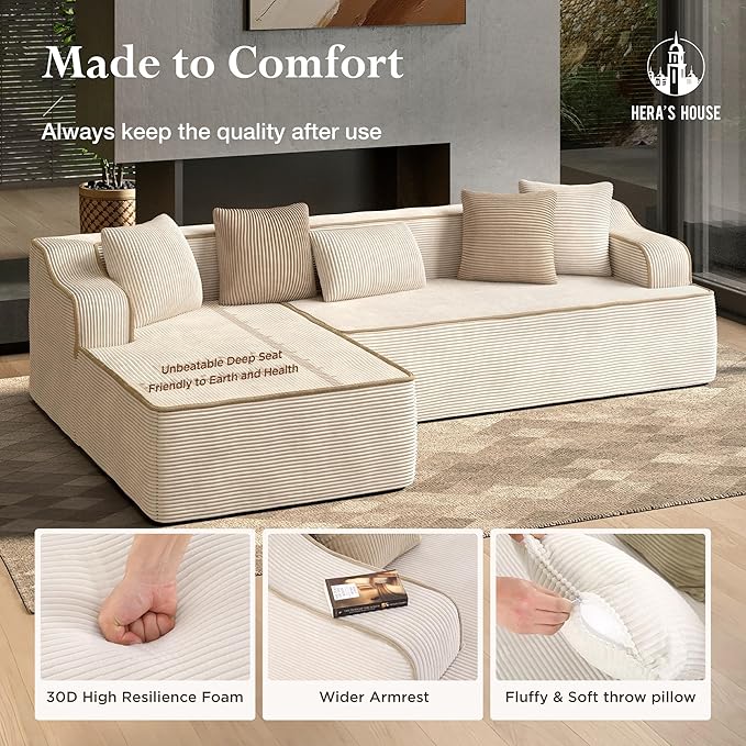 HERA'S HOUSE 105" Cloud Sectional Couch, Modular Upholstered Sofa with L-Shaped Chaise, Corduroy Boneless Couches with Wide Armrest and 5 Throw Pillows for Living Room, No Assembly Required, Beige