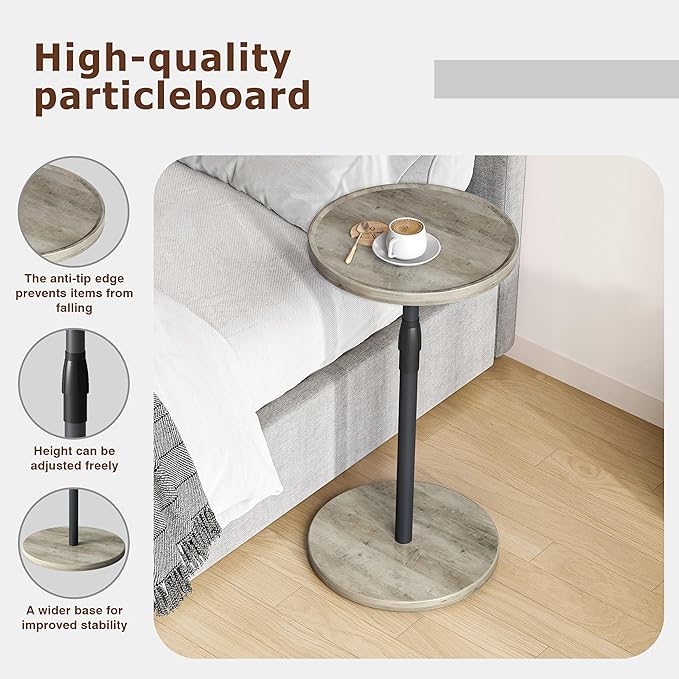 IRCPEN Adjustable End Table, Small Round Side Table, Drink Table for Small Spaces, Pedestal Nightstand for Living Room, Bedroom, Sofa Couch, Oak ET-010QK