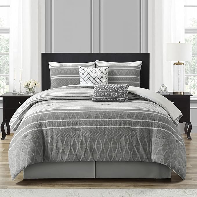 Grand Avenue Cotton California King Size Comforter Set, 6 Piece, Grey Geometric Jacquard Bedding Set, Bedskirt, Pillows & Shams, Home Decor