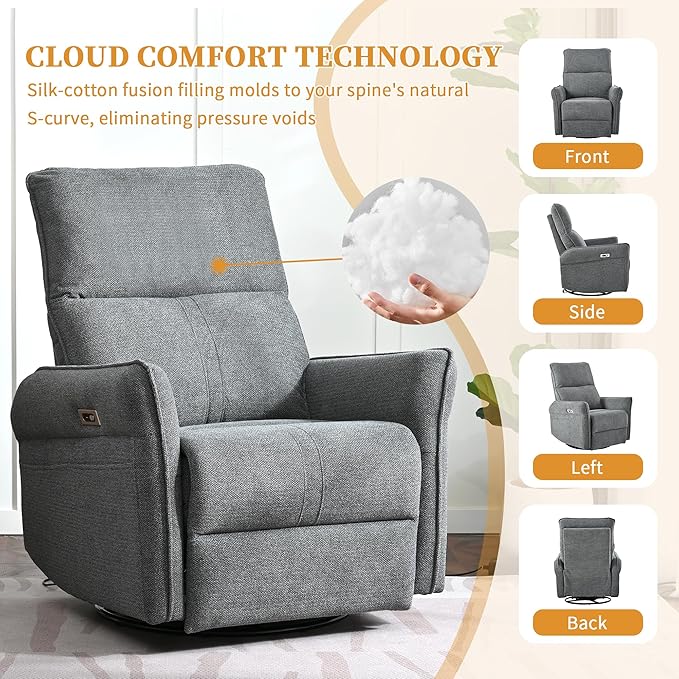 QKFF Power Swivel Rocker Recliner Chair for Nursery, Upholstered Snowflake Velvet 270°Swivel Glider Rocker Chair with USB Ports, Small Power Recliners for Small Spaces Living Room