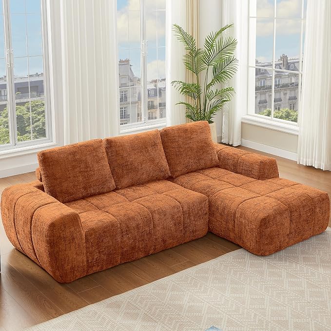 KEIKI Sectional Chenille Floor Sofa, Convertible L-Shaped Boneless Cloud Sleeper Couch with Chaise Lounge, Space Saving Modular Futon Couches Bed for Living Room Bedroom, No Assembly Required, Orange