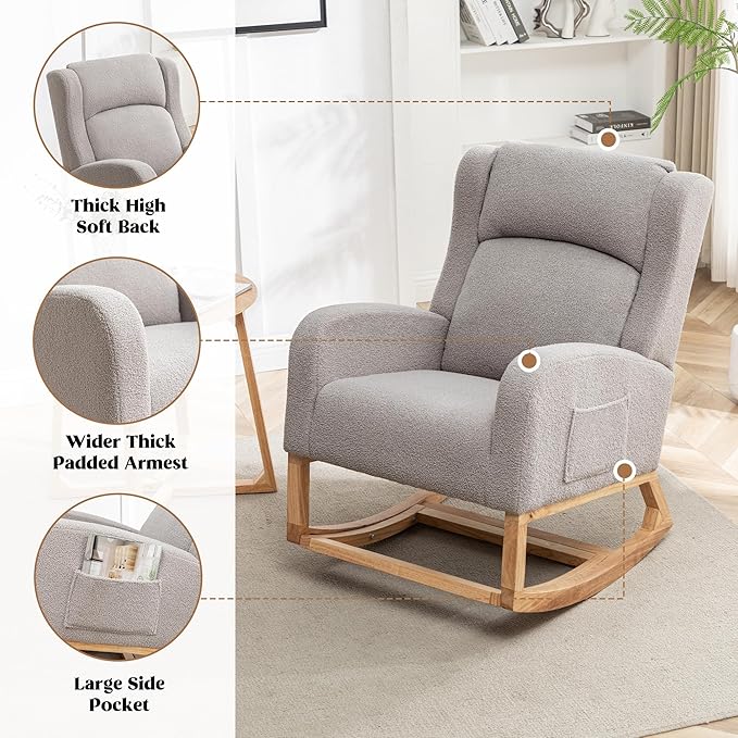 HCHAIRH Rocking Chair Nursery, Nursing Rocking Chairs for Mom Nursery, Comfy Wingback Glider Rocking Armchair with Foot Rest and Side Pocket for Nursery Living Room Bedroom, Teddy Grey