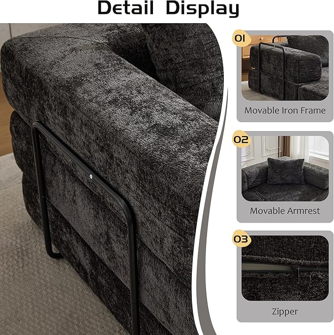 6-in-1 Folding Convertible Sofa Bed, 118 Inch Boneless Couch with Fixed-Shape Frame, Chenille Sleeper Sofa with Pull Out Bed, Floor Sofa Modular Futon Couches for Living Room Bedroom Lounge (Black)