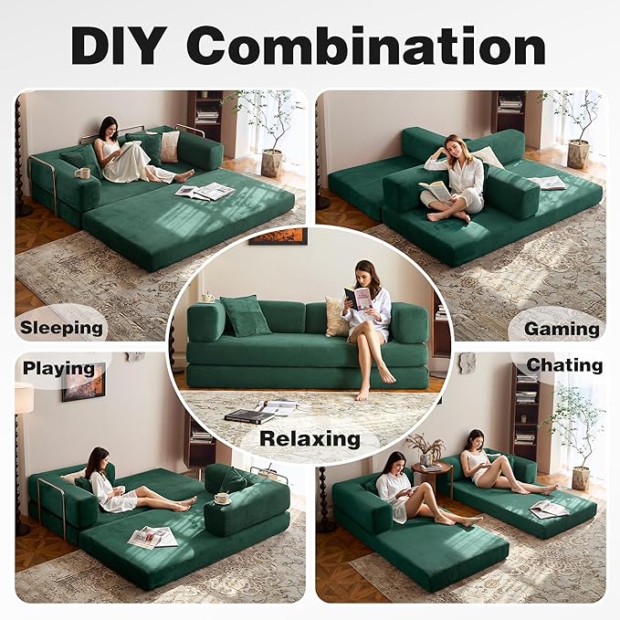 LIAROO 78.8" Convertible Sofa Bed -Compression Sofa with Corduroy Fabric - with Armrests and Backrest - Modular Sectional for Living Room, Bedroom, Studio - Compression Sofa in Box (Emerald Green)