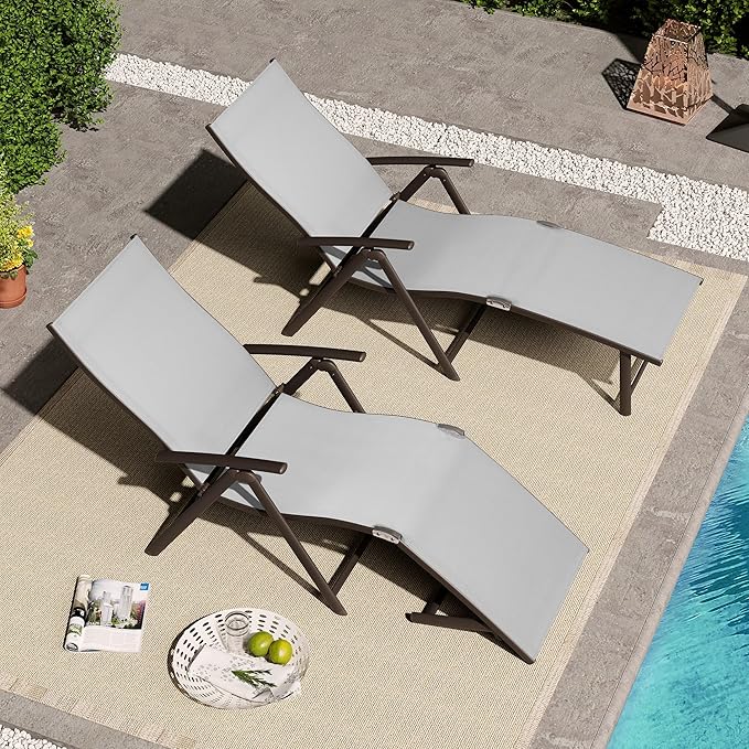 VredHom 4PCS Patio Chaise Lounge Outdoor Adjustable Folding Lounge Chair Recliner with 8 Adjustable Backrest Positions for Pool Beach Yard, Light Grey Textliene & Brown Aluminum Frame