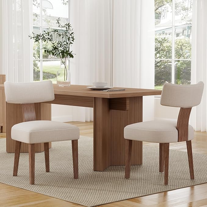 RIVOVA Mid Century Modern Dining Chairs Set of 2 Upholstered Linen Fabric Dining Chairs Curved Backrest Farmhouse Dining Room Chairs Kitchen Chairs with Wood Legs, Beige