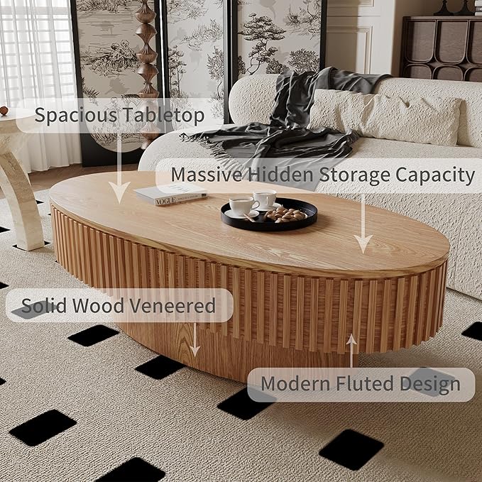 Oval Coffee Table for Living Room Modern Wood Center Tables with Storage Drum Tea Cocktail Fluted Mid Century Apartment Easy Assemble, Wood 31.5" D x 47.2" W x14.2 H
