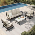 HERA'S HOUSE 4 Piece Metal Patio Furniture Set, All Weather Outdoor Conversation Set with 3 Seat Sofa, 2 Rocking Chairs & Coffee Table, Seats 5 for Backyard, Garden, Deck, Beige