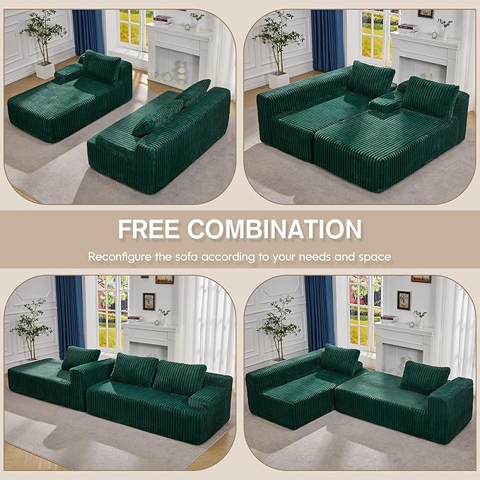 Modular Sectional Sofa Couches L-Shape Couch 3 Seat Modular Sofa Memory Foam Sectional Couches for Living Room, Cloud Couch with Oversized Chaise (Green Stripe, 108" Left Facing Chaise)