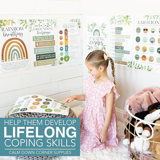 Hadley Designs 8 Calming Corner Posters for Classroom Must Haves for Teachers - 11x17 Calm Down Corner Supplies, Feelings Chart for Kids Ages 4-8, Toddler Emotions Chart, Greenery Classroom Decor