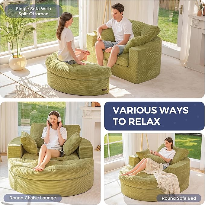 MAXYOYO Oversized Round Chaise Lounge Sofa, Upholstered Lounge Chair with 3 Pillows, Boneless Sofa Couch with Ottoman, Deep Seat Sleeper Chair for Living Room, Bedroom, No Assembly, Green