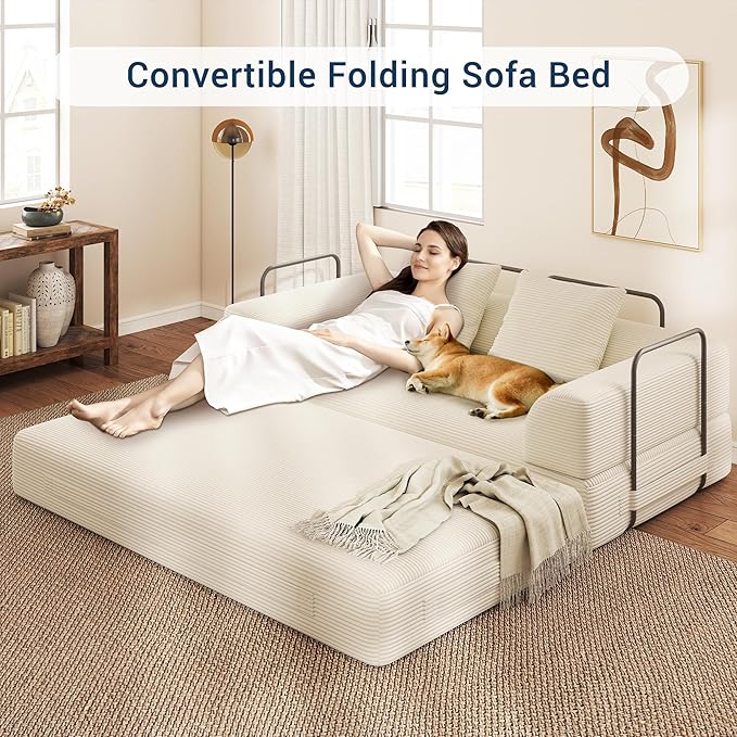 Cloud Boneless Convertible Floor Sofa Bed, 70" 4-in-1 Foldable Compressed Loveseat Lounge Sleeper 2 Seater Couches, High-Density Sponge & Corduroy Fabric Futon Daybed for Living Room Bedroom(Beige)