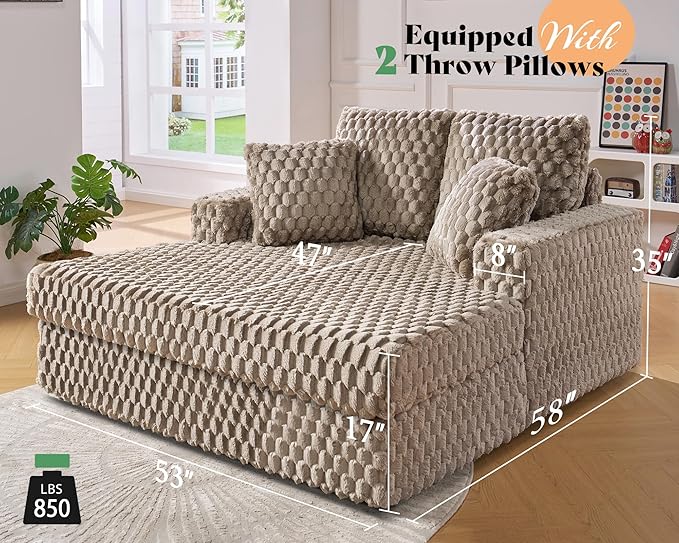 Jocisland 58 Inch Oversized Chaise Lounge, Upholstered Sofa Bed with Throw Pillows and Armrests, Sleeper Chair- Comfy Chair Bed for Living Room, Brown