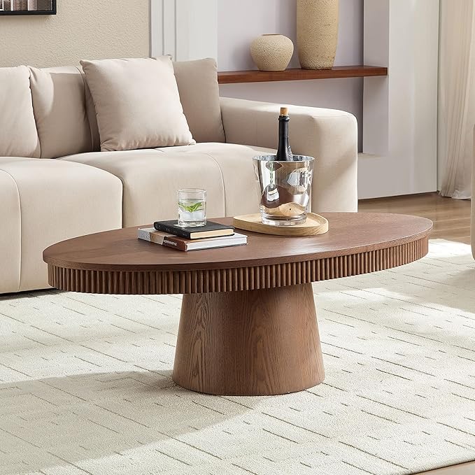 Coffee Table Modern Oval Wood Coffee Tables Mid Century Center Fluted Farmhouse Drum Tea Boho Wooden for Living Room Apartment Home Office Walnut 47.24" W x 26.77" D x 15.86" H