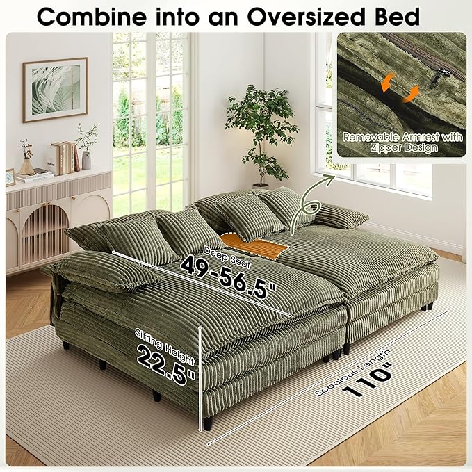54.8" W Oversized Chaise Lounge Chair Indoor with 5-Position Adjustable Backrest, Corduroy Sleeper Sofa Bed with 3 Pillows, Modern Cloud Couch Chair for Living Room, Bedroom, Green
