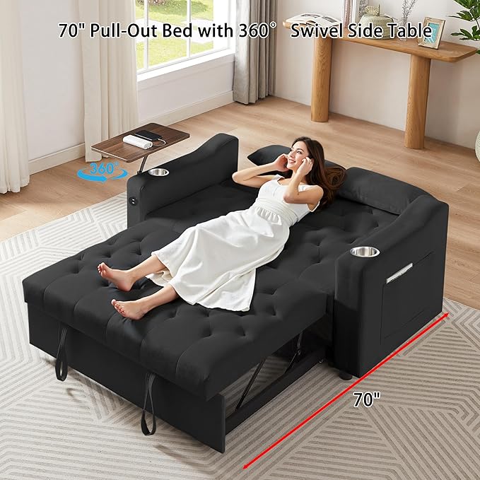 Auvsoce 53'' Convertible Sleeper Sofa Bed with Adjustable Backrest, Chaise Lounge, Side Table &Two Pillows – Stylish & Functional Addition to Any Living Room (Black Sofa)