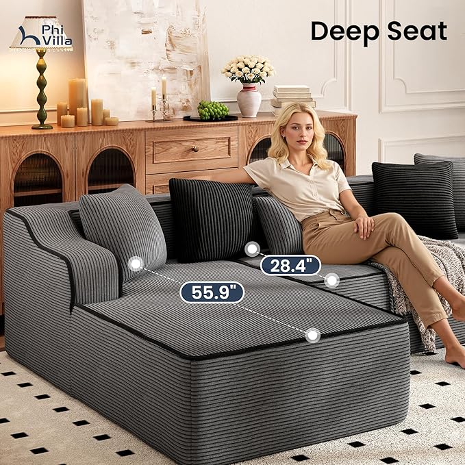 PHI VILLA Cloud Modular Couch, Boneless Sectional Sofa with U-Shaped Chaise, 6-Seater Couches with Movable Ottoman for Living Room, No Assembly Required, Corduroy, Grey