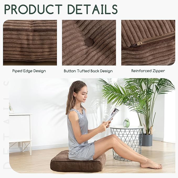 Tufted Corduroy Recliner Seat Cushion for Elderly, High Density Foam Large Square Seat Cushion for Recliner Chair, Floor Pillow, Office Chair, Car, No Pressure on Thighs, 20x20x4