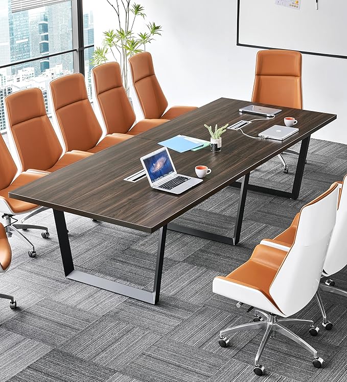 ahliss Sturdy Conference Table with Cable Management Grommets Modern Rectangle Office Meeting Table with Wood Tabletop and Metal Frame & Legs- Easy Assembly Boardroom Table (Dark Brown, 10 Foot)