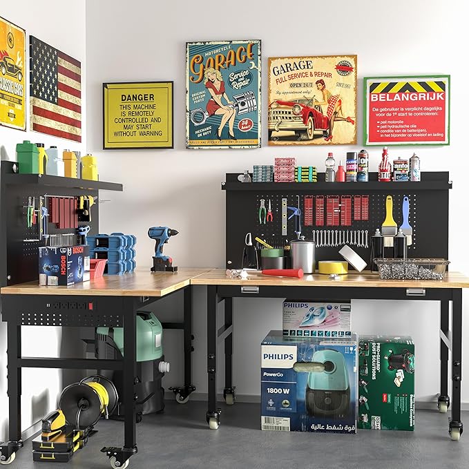 Betterhood 48" Heavy Duty Adjustable Workbench with Large Pegboard, Adjustable Work Table with Power Outlets & Lockable Wheels, Rubber Wood Workstation for Garage, Workshop, Office, Home, Commercial