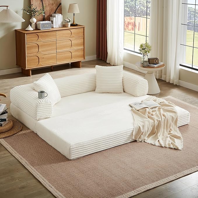 Chorlenimi Boneless Couch Futon Sofa Bed Sectional Couches for Living Room,Cloud Couch with Sleeper Sofa,Sofas for Living Room Oversized Corduroy Upholstered (White, 76 Inches (No Iron Frame))