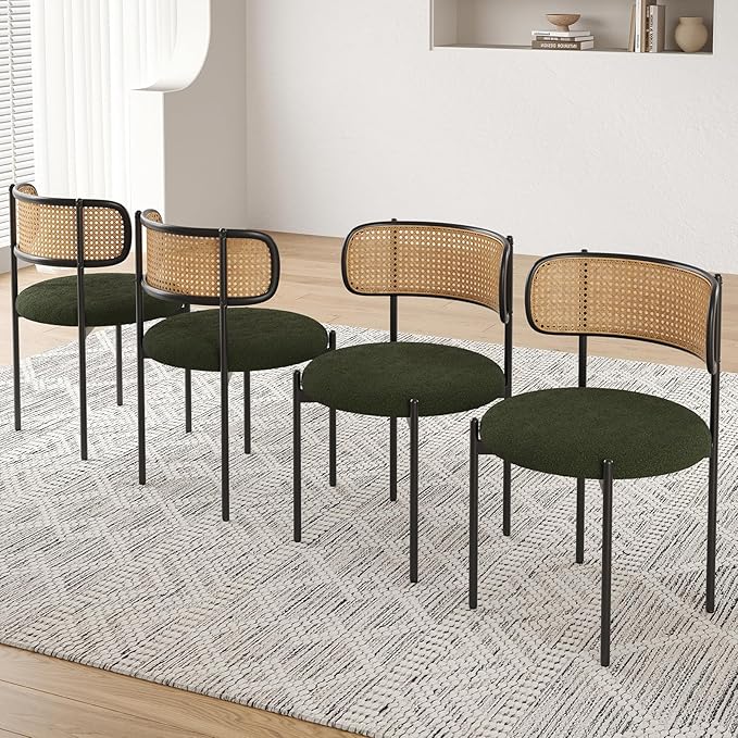 Farini Modern Upholstered Dining Chairs Set of 2,Rattan Back Dining Room Chairs,Accent Kitchen Chairs with Metal Legs,Green