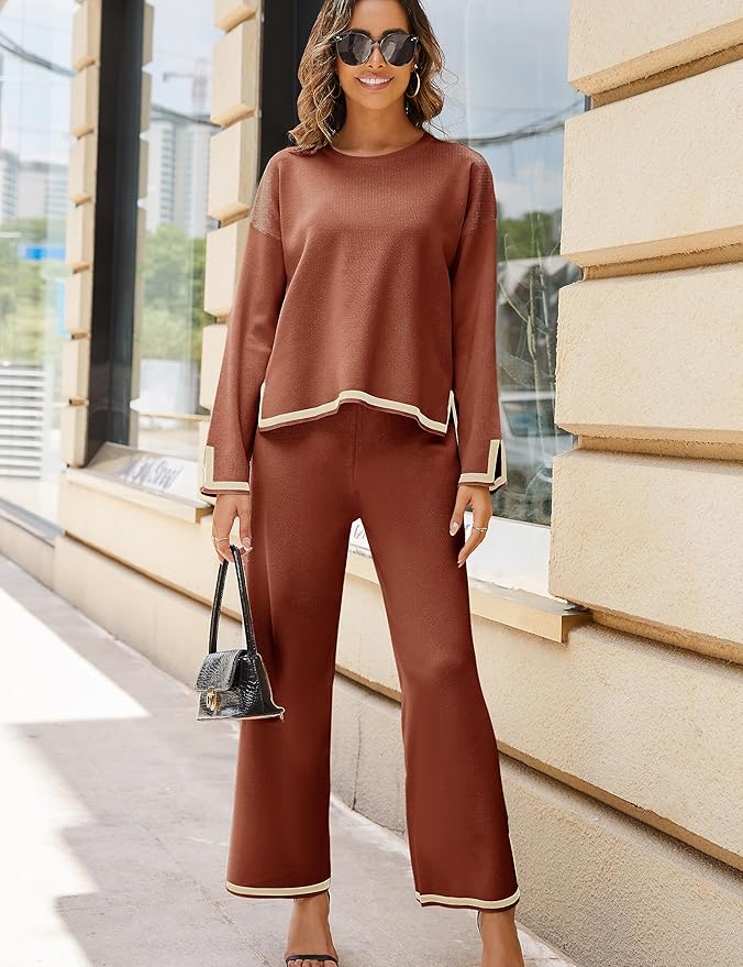 Tanming Women's 2 Piece Outfits Long Sleeve Knit Sweater Top Wide Leg Pants Lounge Sets Tracksuits