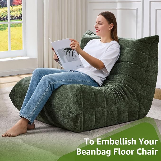 Bean Bag Chairs for Adults Giant Bean Bag Chair Memory Foam BeanBag Chair Bean Bag Sofa with Filler Faux Fur Fireside Beanbags Lazy Sofa for Living Room Bedroom Office (Green Chenille, Single)