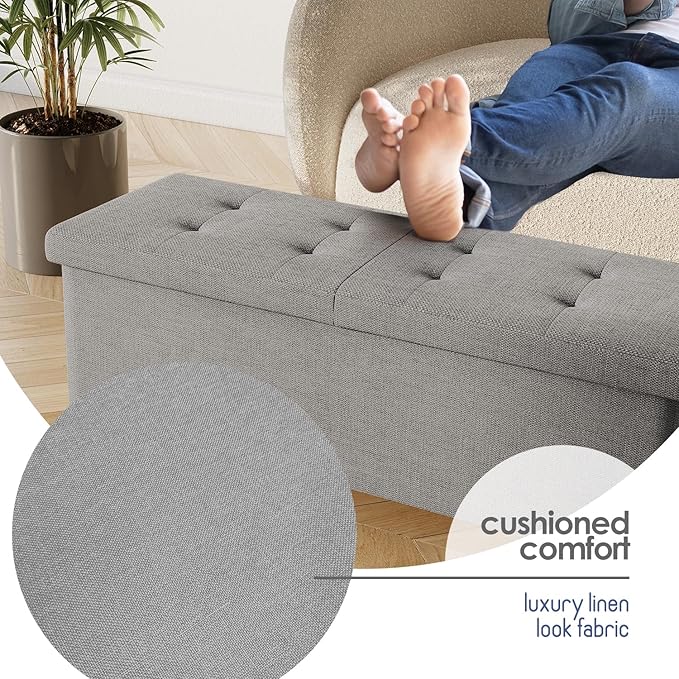 STORAGEBUD Storage Ottoman Bench with Bins, 43-in Storage Bench for Bedroom End of Bed, Folding Foot Rest Ottoman for Living Room Max 660lbs, Fabric Ottomans, Light Grey