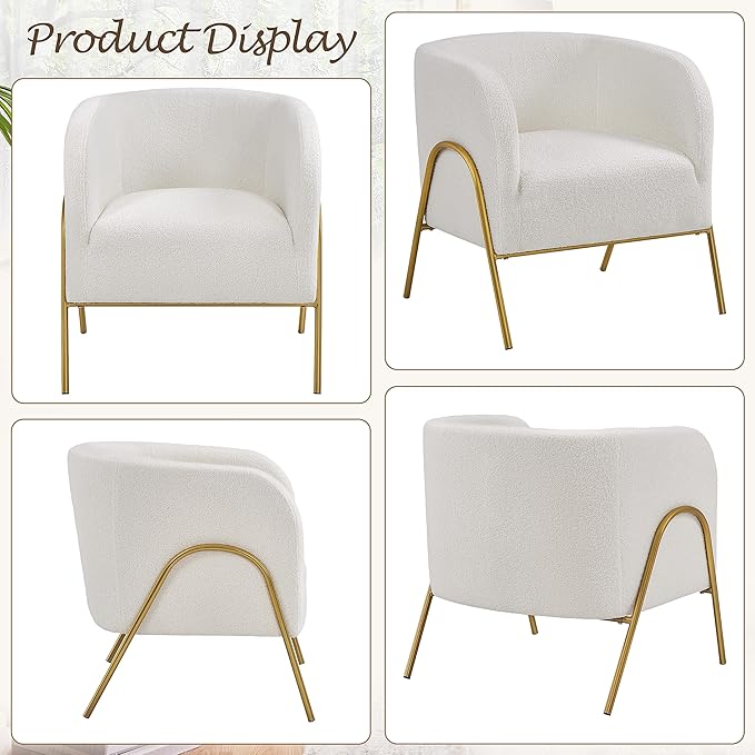 Yaheetech Accent Chair Set of 2, Armchair Set, Side Chairs for Living Room, Boucle Fabric Vanity Chairs with Gold Legs for Bedroom Office Reading Nook, Ivory