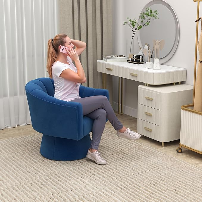 Swivel Accent Chair,Upholstered Velvet 360° Swivel Barrel Chair for Living Room Overstuffed Bouncle Reading Chair Round Armchair for Bedroom,Vanity,Office(Navy)
