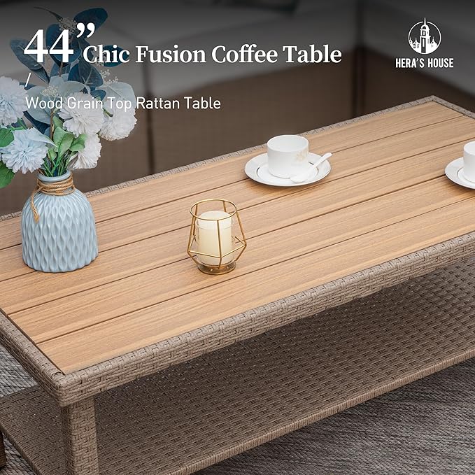 HERA'S HOUSE Patio Furniture Set, All Weather 7 Seats Outdoor Sectional Wicker Sofa with 44" Coffee Table, 5.5" Thick Waterproof Cushion 8 Piece Modular Conversation Set for Garden Deck Backyard