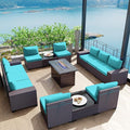 Kullavik 13 Pieces Outdoor Patio Furniture Set with 43" 55000BTU Gas Propane Fire Pit Table PE Wicker Rattan Sectional Sofa Patio Conversation Sets,Blue