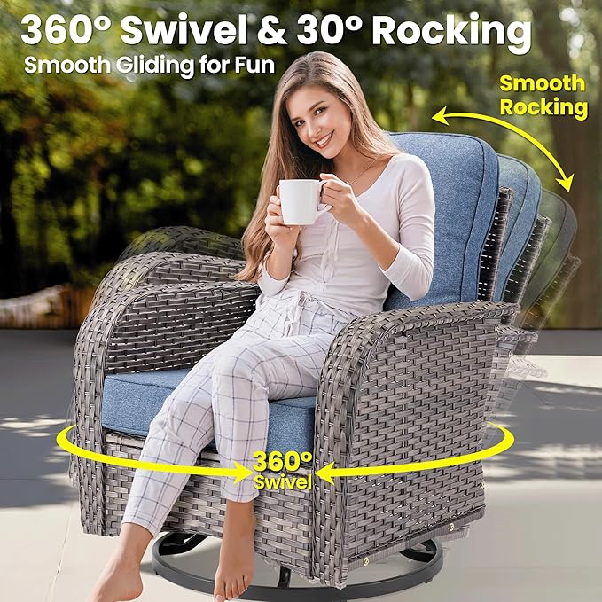 ovios 6 Pieces Patio Furniture Set, Outdoor Wicker Sofa Couch with Rocking Swivel Chairs Comfy Cushions, Modern Deep Seat Rattan Conversation Sets for Deck Porch, Denim Blue